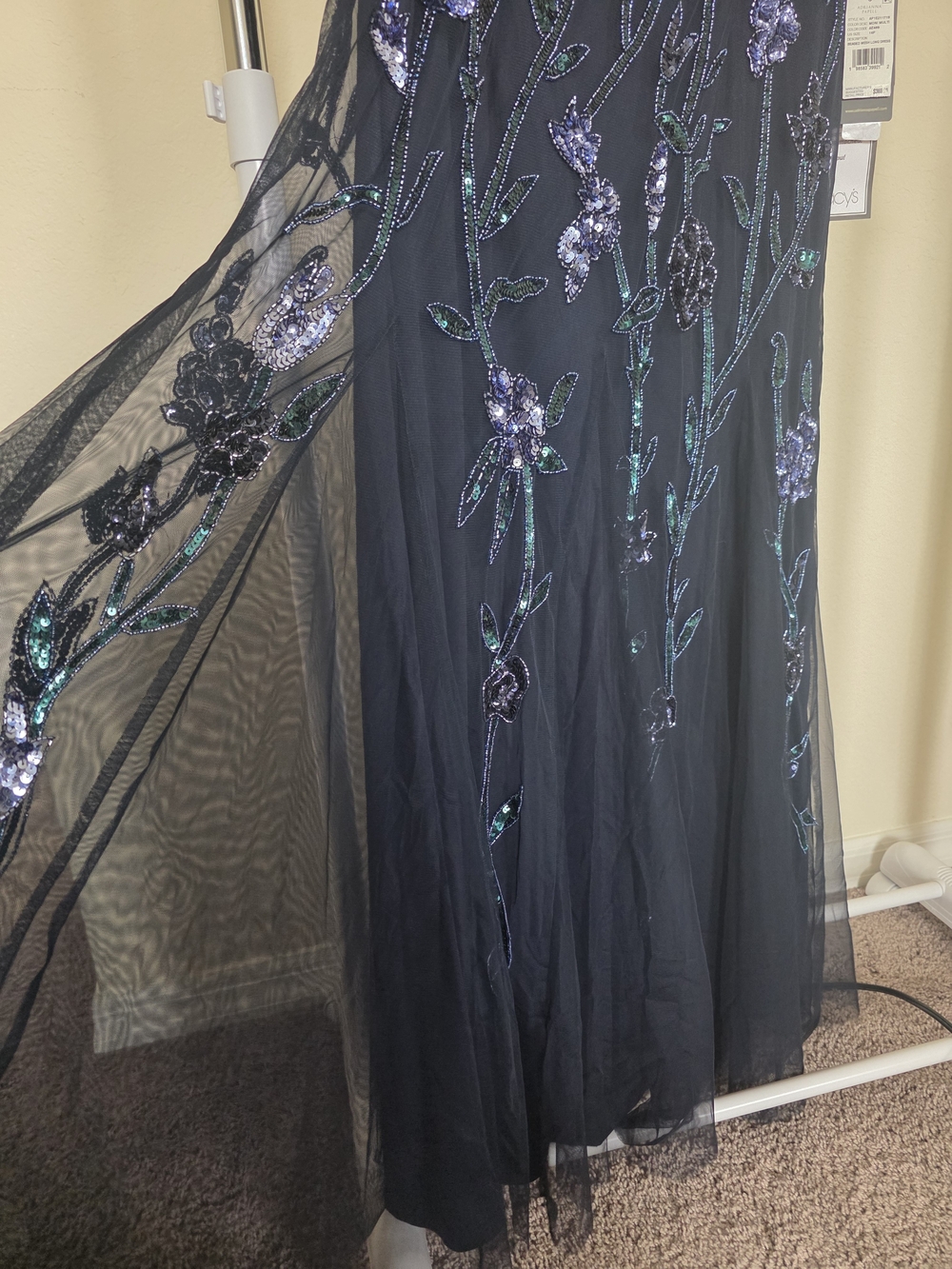 ADRIANNA PAPELL Dress Square Neck  Beaded Godet Gown In Midnight Size 14 Petite - Picture 9 of 10